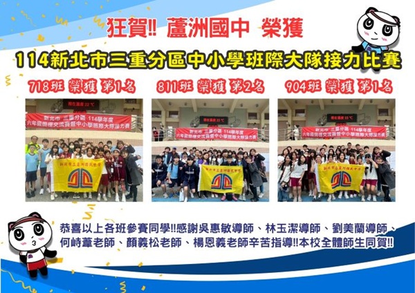114學年新北市三重分區中小學班級大隊接力比賽718第1名811第2名904第1名