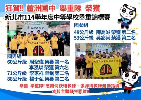 新北市114學年度中等學校舉重錦標賽成績優異獲獎名單