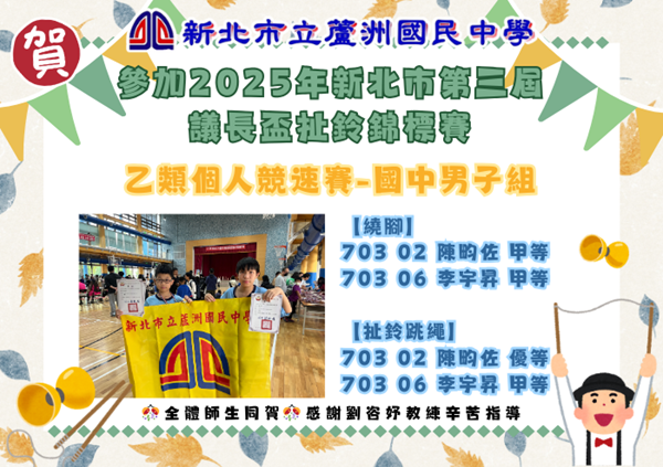 2025年新北市第三屆議長盃扯鈴錦標賽乙類個人競速賽-國中男子組獲獎名單